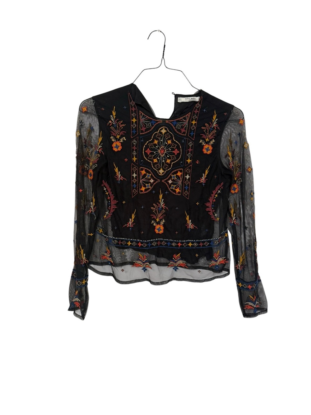 Zara Black Sheer Embroidered Floral Blouse